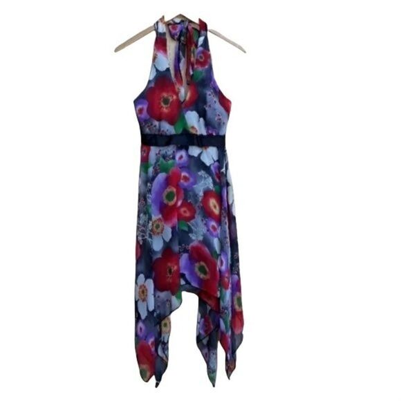 90's Anime Vibrant Poppy Floral Halter Dress Colorful SharkBite Hem Satin Tie - Picture 4 of 8